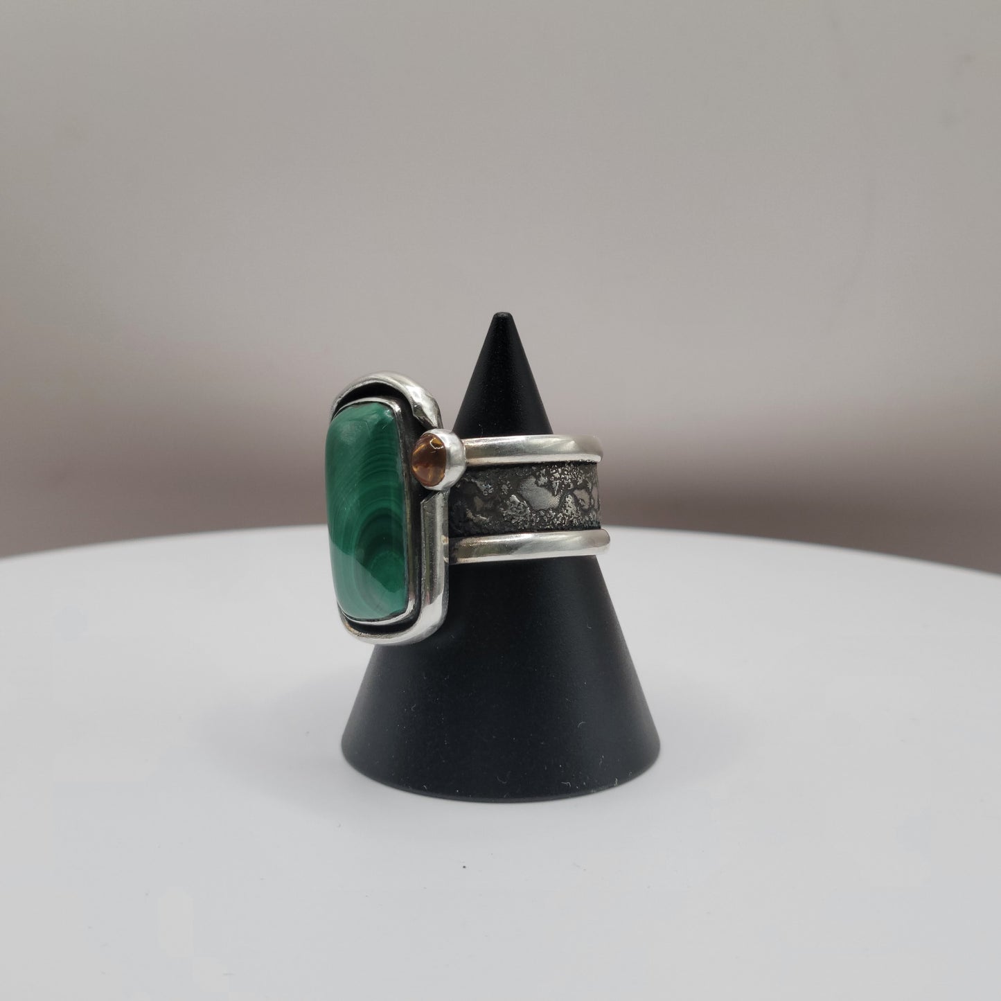 Malachite Silver Statement Ring with Citrine Accent