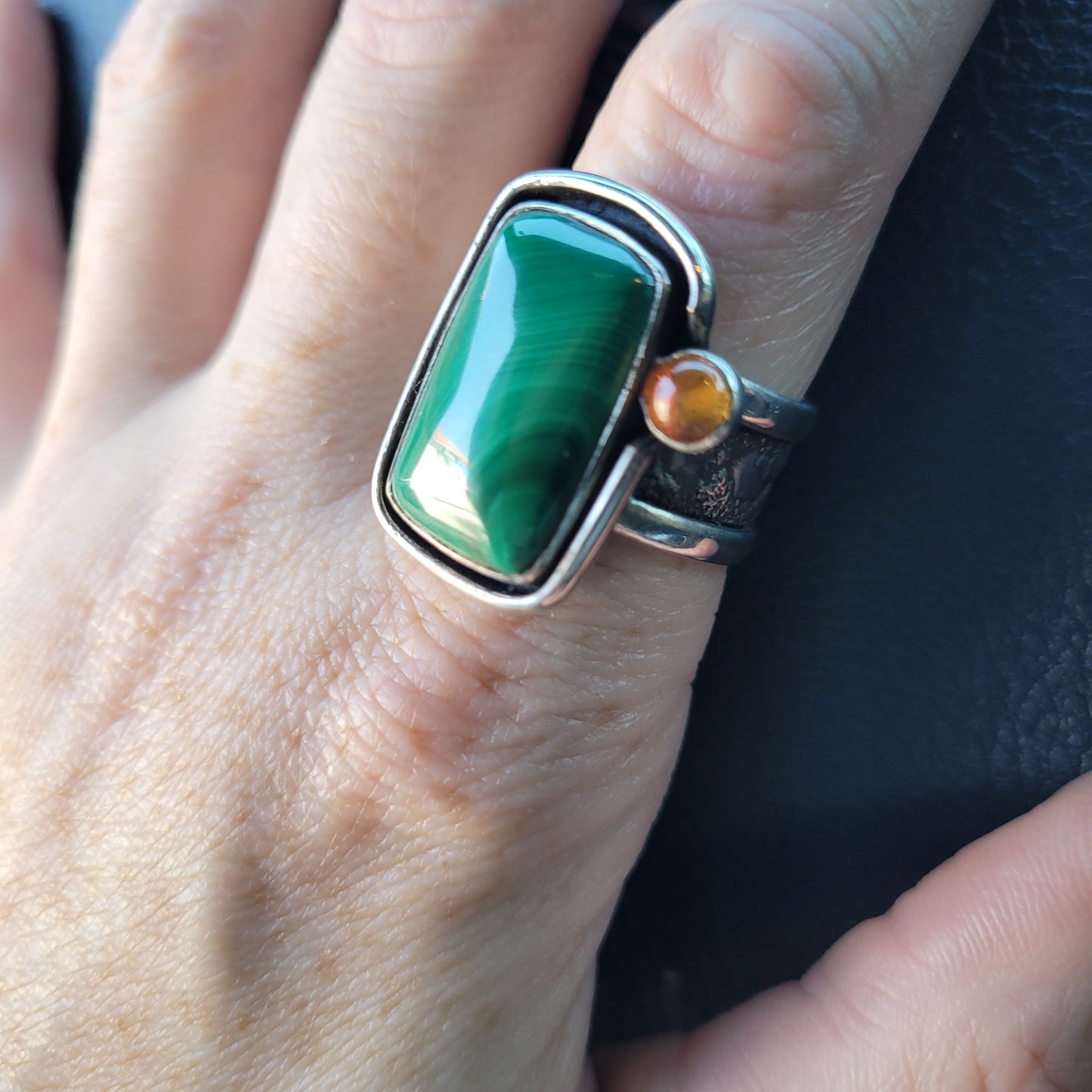Malachite Silver Statement Ring with Citrine Accent