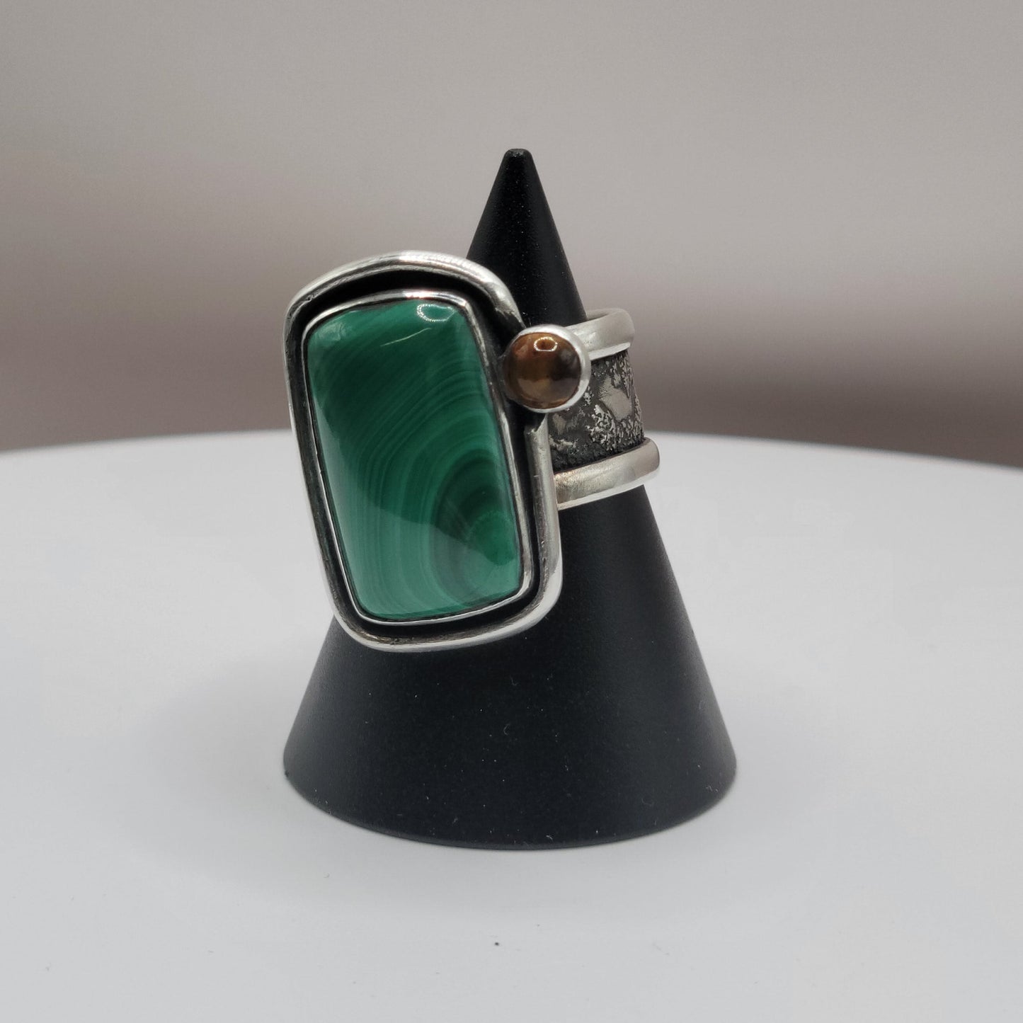 Malachite Silver Statement Ring with Citrine Accent