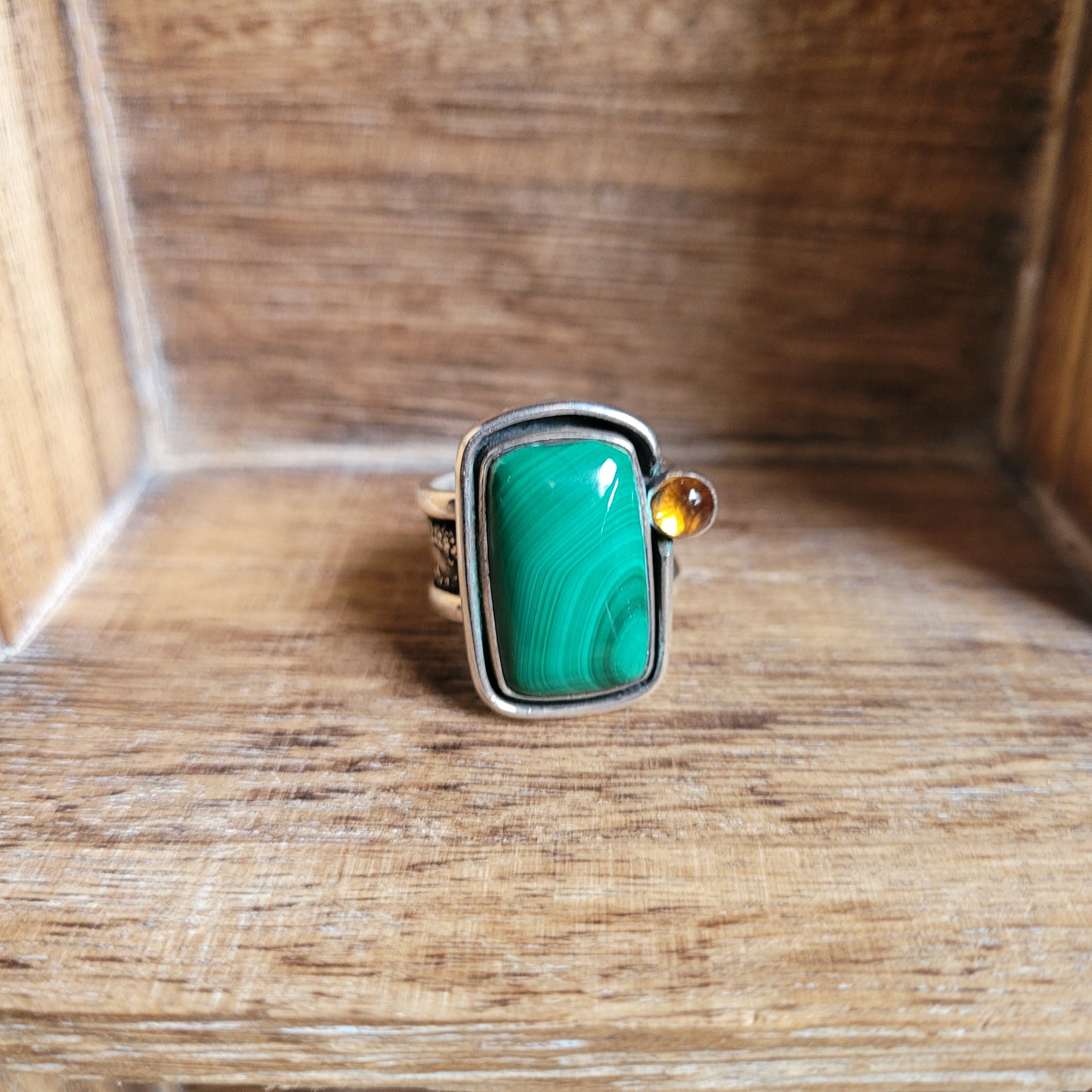 Malachite Silver Statement Ring with Citrine Accent